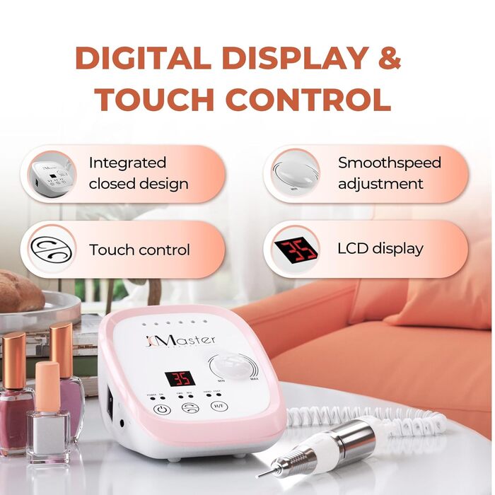 Nagelfräser JCMaster Profi: Електрична шліфувальна машинка для нігтів з педаллю, 35000 об/хв, 6 біт, сенсорне керування (Рожевий)