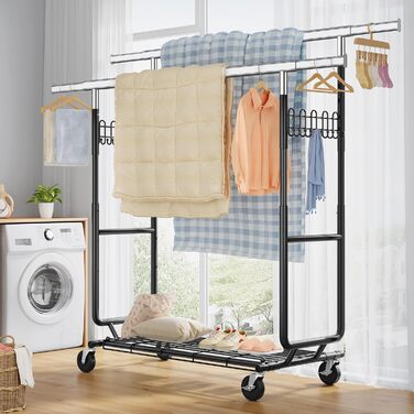 Стійка для одягу на колесах FAVOOOSTY, металева, мобільна, до 200 кг, чорна, 2 стяжки