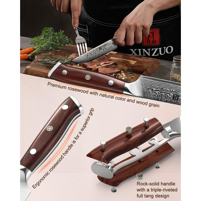 XINZUO Damascus Chef's Knife Set - 67 Layer High Carbon Steel, Professional Gyuto Knife with Rosewood Handle (5-Piece Steak Knife Set)