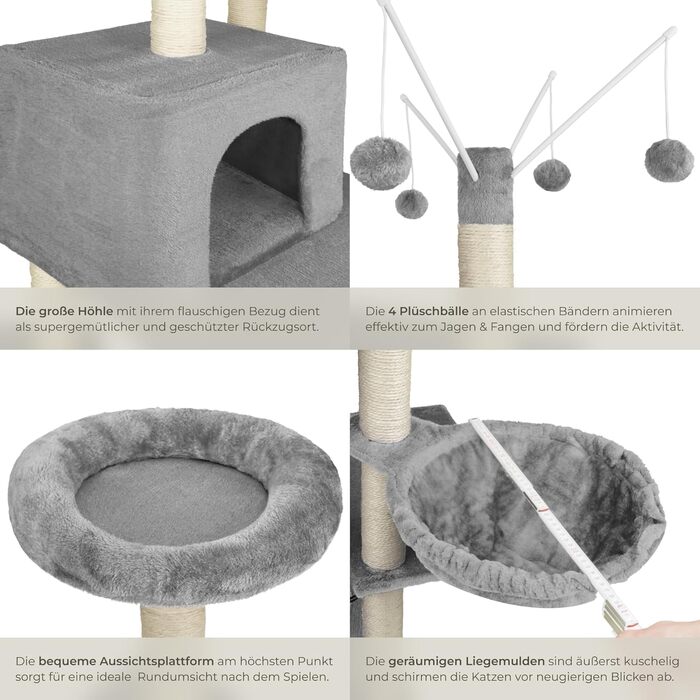 Тектейк® XXL Дерево для котів велике, з аксесуарами: лежанки, гамак, будиночок, іграшки, мотузка з сизалю, стійка для дряпання, висота 165 см, сірий | 402931