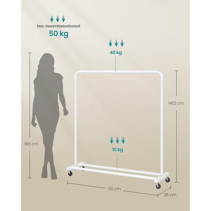 SONGMICS Кільцева вешалка для одягу на колесах, біла, до 50 кг, 38 x 110 x 141,5 см, HSR016BH01