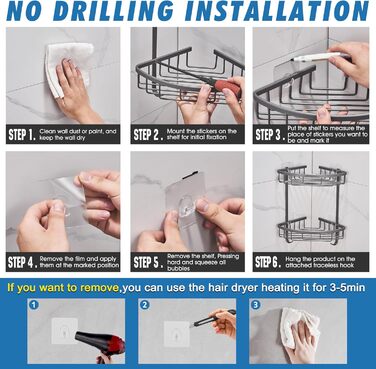 Поличка для душу GRICOL Eck-Duschregal без свердління, металева, кутова, з 2 гачками, для зберігання в ванній кімнаті, 2 яруси, нержавіюча сталь, сірий колір