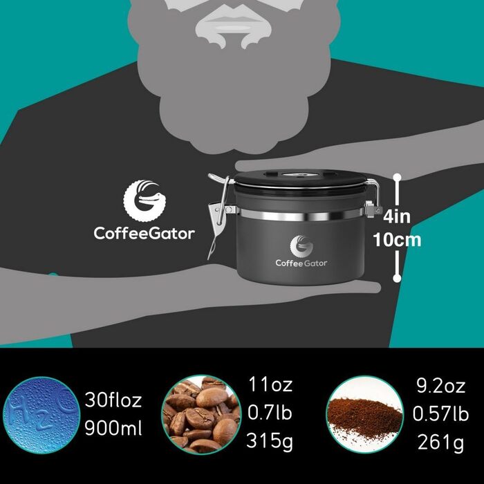 Контейнер для кави Coffee Gator з нержавіючої сталі - зберігає каву свіжою довше. З датою розкриття, CO2-вентилем та мірною ложкою. Маленький, сірий.