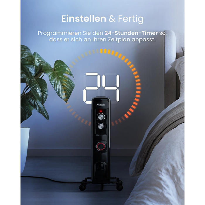 Pro Breeze 2500W Mini Oil Radiator with 11 Fins, Electric Heater, 24h Timer, Energy-Saving Oil Radiator, 3 Heating Levels, Adjustable Thermostat & Safety Shut-off Function - Black