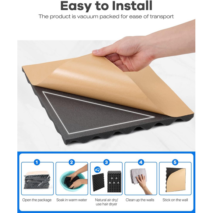 Акустичний шумопоглинаючий поролон самоклеючий, 12 шт, вогнестійкі панелі-піраміди для студії, офісу та дому, 30×30×2,5 см, чорний