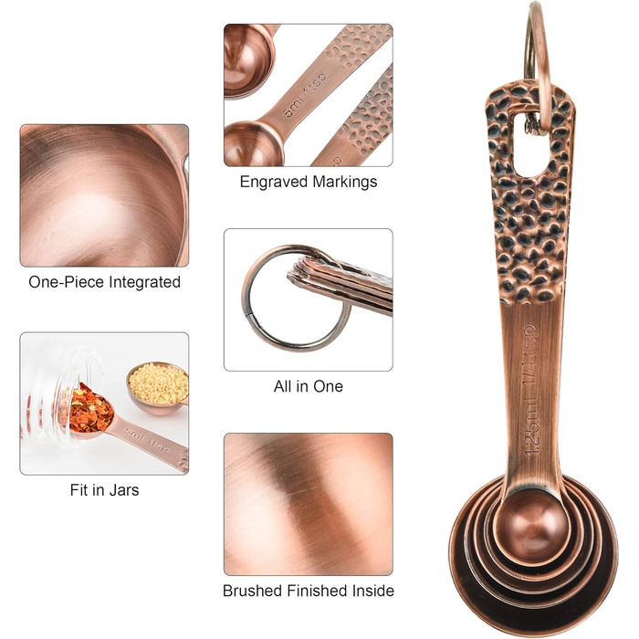 Smithcraft Measuring Cups and Spoons, Copper-Plated 10-Piece Stainless Steel Set - 4 Measuring Cups and 5 Measuring Spoons with Leveler for Baking and Kitchen