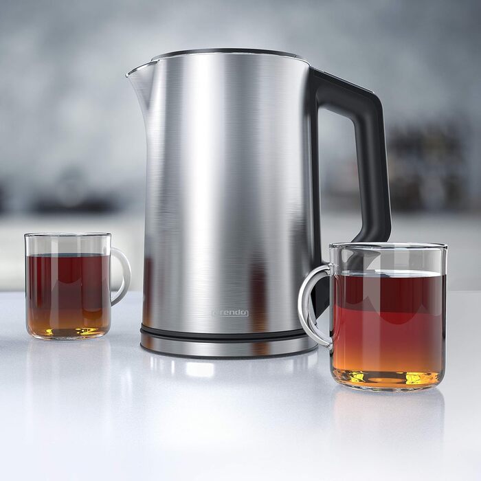 Arendo - Stainless Steel Kettle with Temperature Setting 40-100 Degrees in 5-Degree Increments - Double-Walled Design - Model ELEGANT - 1.5 Liter - 2200 W - Tea Kettle with Temperature Display - GS - Silver