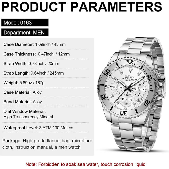 Годинник чоловічий Biden BIDEN-0163, аналоговий, кварцовий з браслетом з нержавіючої сталі (срібний)