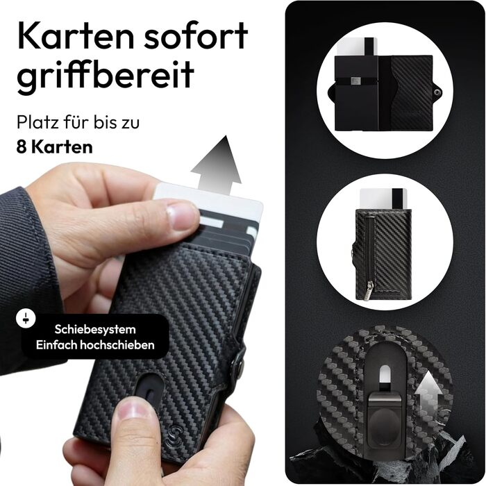 Slimjack Smart Wallet: RFID захист, алюмінієвий картхолдер для чоловіків (Carbon). Гаманець для карт та монет
