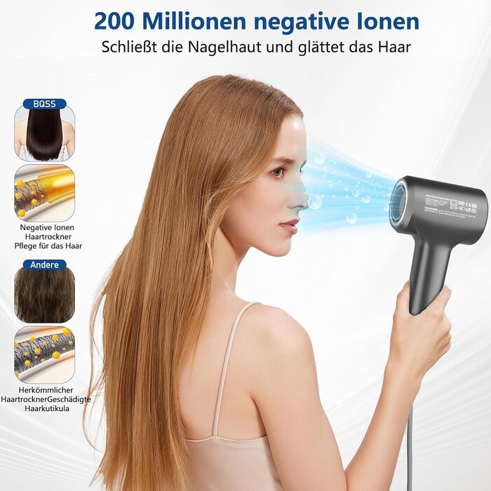 Föhn Ionen Supersonic Hair Dryer: 200 Million Negative Ion Hair Dryer with Quiet, Fast 110,000 RPM Motor, 57dB, Intelligent Thermostat for Travel - Dark Gray