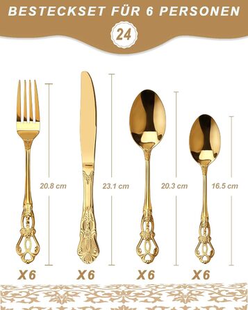 Набір столових приборів Retro Gold на 6 осіб, 24 предмети, нержавіюча сталь, античний бароковий дизайн, золотий колір