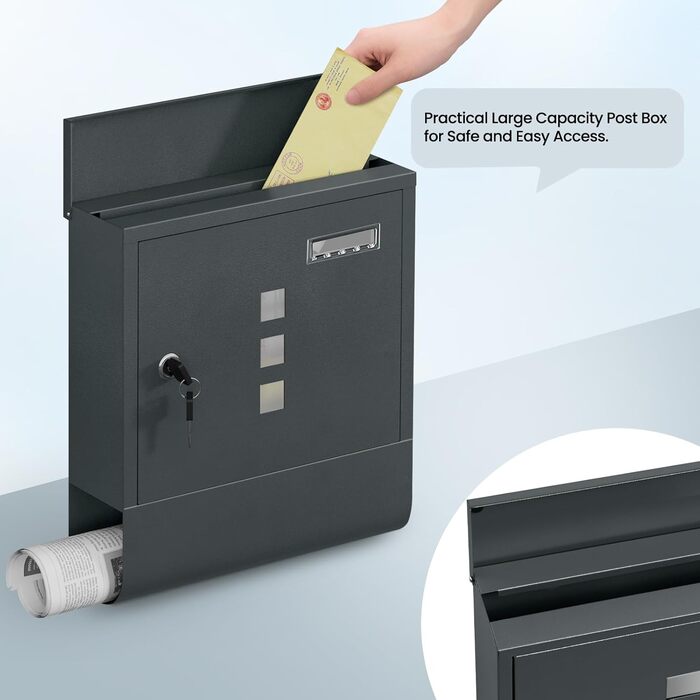 Поштовий ящик WOLTU з газетницею та вікном для імені, замиканий, 2 ключі, антрацит, 30.5x33.5x9 см