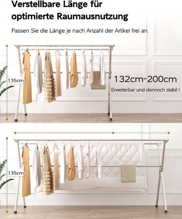 Стійка для сушіння білизни 200 см, складна, для дому та вулиці, нержавіюча сталь, 20 гачків, 12 кліпс, 3 перекладини