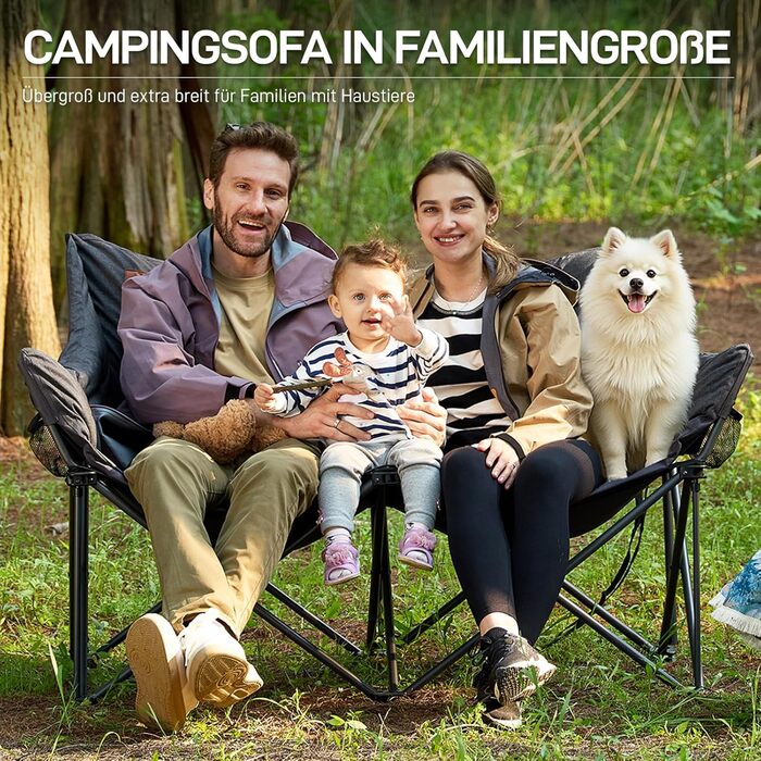 Кампінговий стілець-диван EVER ADVANCED для двох осіб, 145 см, чорний, до 400 кг, з високою спинкою, для саду, балкону, кемпінгу