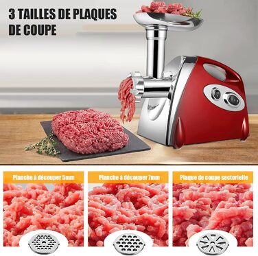 Electric Meat Grinder 2800W 3-in-1 Stainless Steel Meat Grinder with 3 Plates (3mm, 5mm, 7mm) Kubbe Attachment & Sausage Stuffer - 80kg/hr