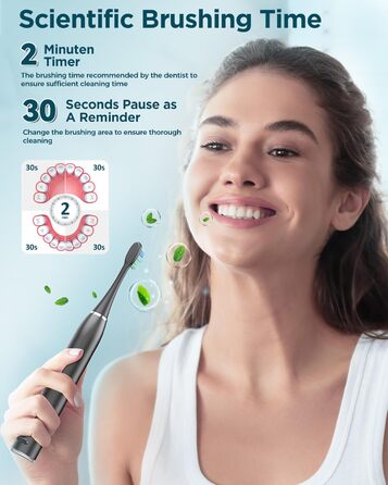 Електрична звукова зубна щітка для дорослих - відбілювання, ультразвукова, з кейсом для подорожей та зарядною станцією, 8 насадок, 5 режимів (Чорна)