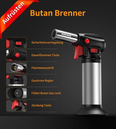 Пальник Бусен для приготування крем-брюле, приготування їжі, кемпінгу, кулінарії та хобі, сріблястий (бутан не входить до комплекту)