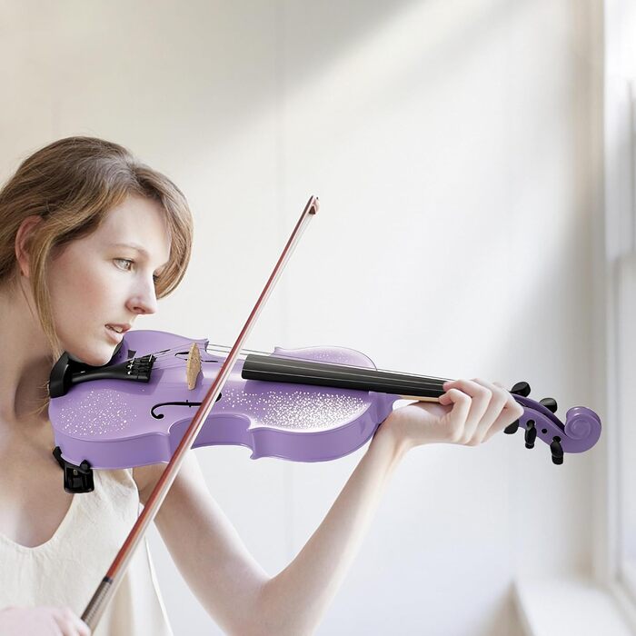 Скрипка Poseidon для початківців: повний стартовий набір з аксесуарами (2 смичка, 2 коліфоні, мостик, запасні струни, підставка, кліп-он тюнер), 4/4, білий/фіолетовий (зіркове небо)