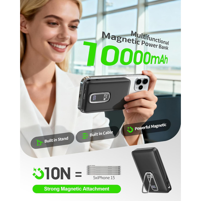 Power Bank MagSafe 10000mAh з USB-C кабелем, 22.5W, бездротова зарядка для iPhone 17/16/15/14/13/12 Max/Pro/Plus (Сірий)