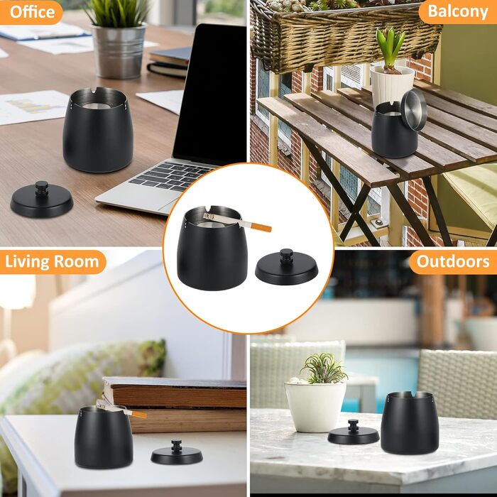 Переносний попільничка з нержавіючої сталі для вулиці з кришкою, 8.5 x 9 см, чорний