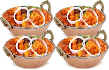 Zap Impex Traditional Indian Serving Bowl Copper Stainless Steel Hammered Karahi Indian Dishes and Portion Curry Serving Dishware for Household and Kitchen (15 cm) 400 ml 4-Piece Set