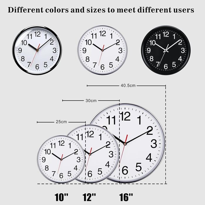Plumeet Extra Large Silent Wall Clock, 40.6cm Soundless Non-Ticking Quality Black Quartz Wall Clock Decorative Home/Kitchen/Office/School Clock, Easy to Read (White) (Silver, 30 cm)