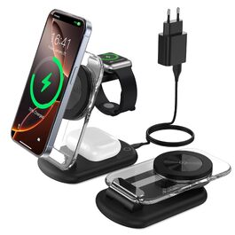 Бездротова зарядна станція 3 в 1 MagSafe для iPhone 16/15/14/13, Apple Watch та AirPods, складана з регулюванням кута та атмосферним підсвічуванням, чорна