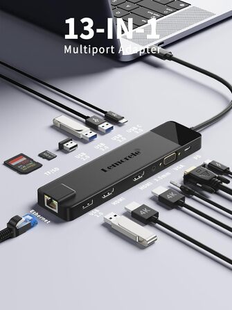 Док-станція USB-C хаб 13-в-1 з підтримкою 2 моніторів 4K HDMI, VGA, Ethernet, USB 3.0/2.0, PD 100W, SD/TF, AUX для Windows/Mac/Dell/HP