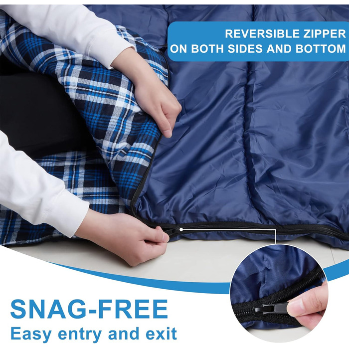 Cotton Flannel Double Sleeping Bag for Camping, Hiking, and Backpacking - Queen Size 2 Person Waterproof Sleeping Bag for Adults & Teens - Lightweight Blue/Blue