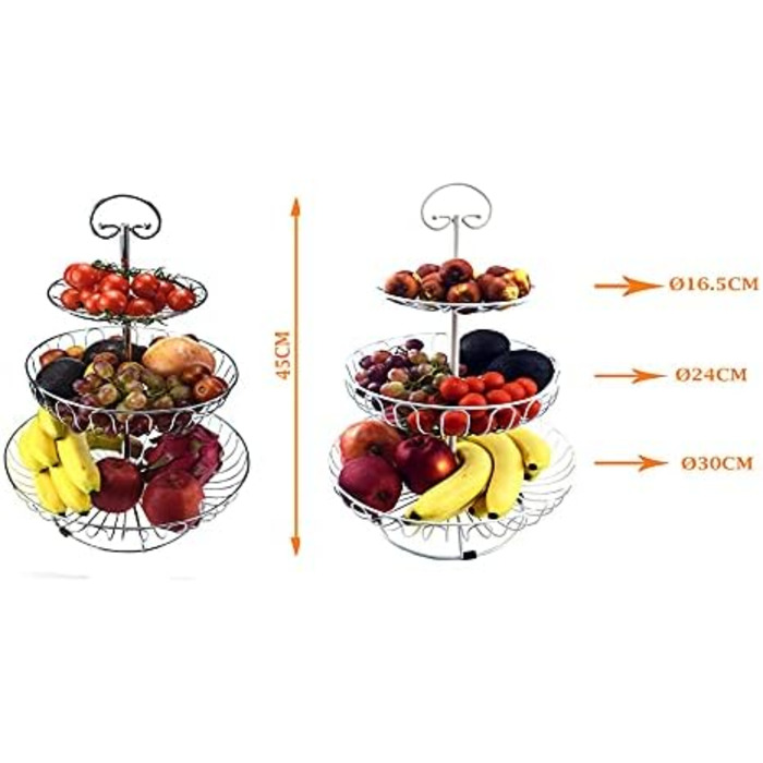 Металевий кошик для фруктів та овочів з ручкою - 3 яруси, великий, з нержавіючої сталі, з циркуляцією повітря (45см, Ø30-24-16.5см), сріблястий