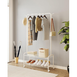 Clothes rack with 2-tier shelf, 3-in-1 design, clothes stand with 4 wheels, coat rack with 4 hooks for bags, GR07499A (White)