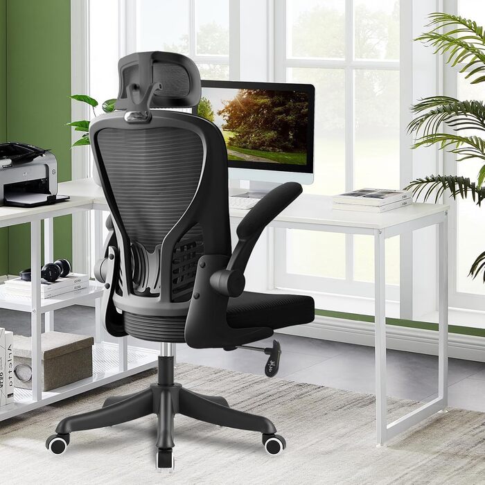 Ергономічне крісло для офісу та геймінгу з регульованою підголівником та підлокітниками, підтримкою попереку, дихаючою спинкою, регулюванням висоти та роликами. Чорний колір.