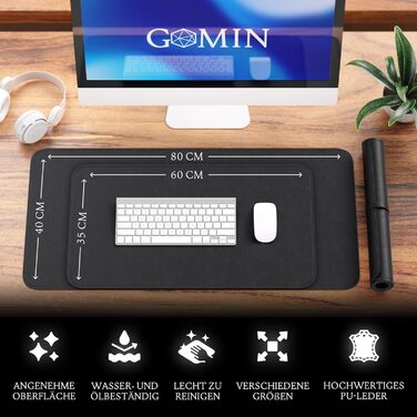 Підкладка під стіл GOMIN 80x40 см - PU шкіра, вологостійка та антиковзаюча - для ноутбука, офісу та дому - чорна