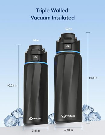 Смар-пляшка для води WATERH Boost з нагадуванням та трекером, 946 мл, чорна. Нержавіюча сталь, вакуумна ізоляція, широка горловина. Ідеальний подарунок!
