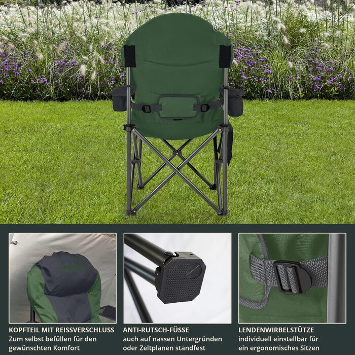 Кемпінговий стілець Skandika Relax Comfort зелено-сірий: розкладний стілець з підсклянником та охолоджувальним відсіком, до 160 кг