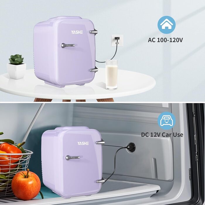 Міні-холодильник YASHE 4L: для косметики, напоїв, 220V/12V, охолодження та підігрів, білий/фіолетовий