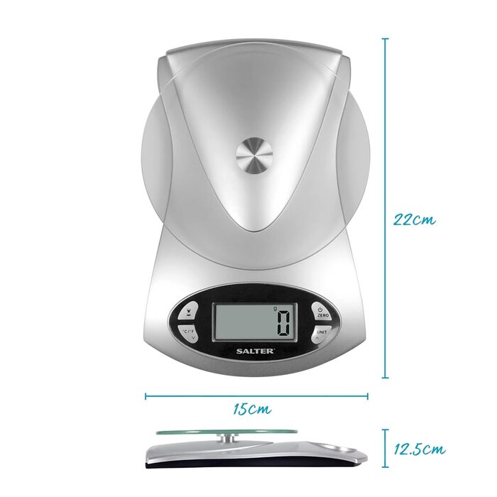 Кухонні ваги Salter зі чашею - ваги для кухні, з мірною чашею, 5 кг, LCD-дисплей, нержавіюча сталь, для випічки та приготування їжі (1.8л)