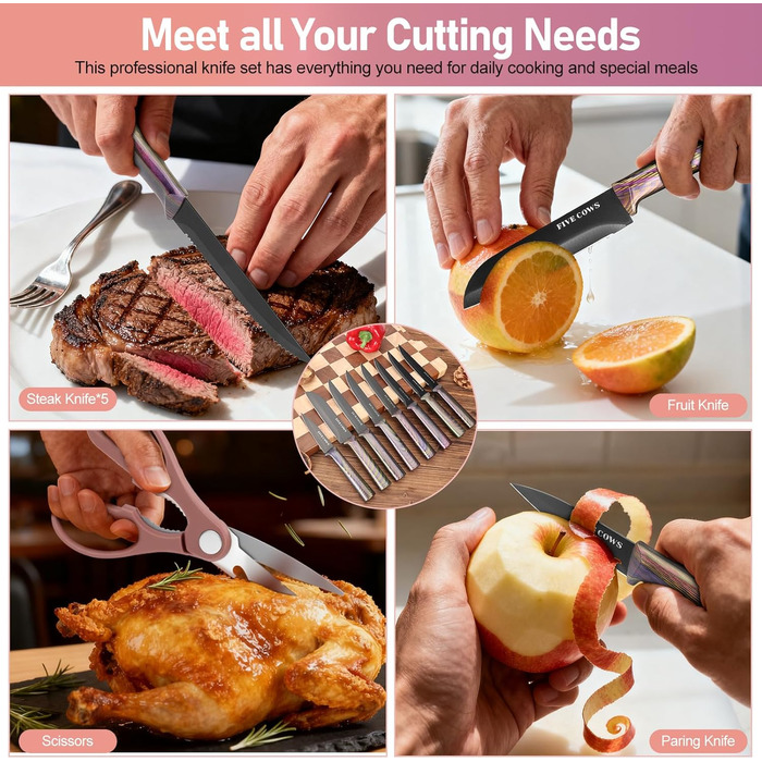 Набір кухонних ножів Messerblock 16 предметів з дерев'яною підставкою, дощечкою, захистом пальців, точилкою та кухонними ножицями. Професійний набір ножів для дому (зелений/рожевий)