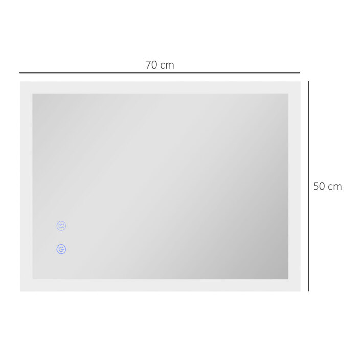 Дзеркало для ванної кімнати Kleankin з LED-підсвіткою 70x50 см, сенсорне управління, функція пам'яті, антизапарник, 3 кольори світла, водонепроникність IP44