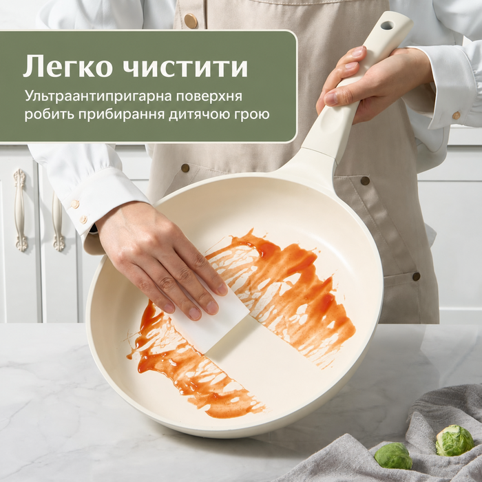 Сковорода Redchef Keramik 28 см з антипригарним покриттям, для індукційних плит, для омлетів, сковорода шеф-кухаря, керамічна, без PTFE, PFAS, PFOA, стійка до подряпин, придатна для миття в посудомийній машині, бежева