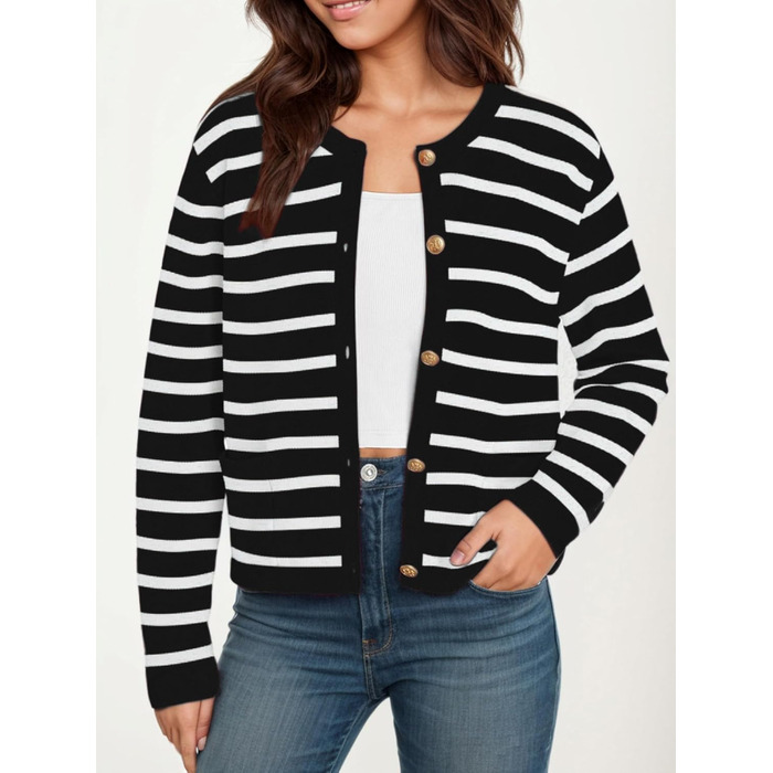 Жіноча коротка в'язана куртка з двома кишенями на ґудзиках, смугастий пуловер, стильна осіння кардиган, круглий виріз, модна в'язана кофта XL чорного кольору