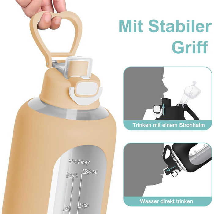2 Liter Glass Water Bottle, 2L Glass Bottle, Glass Water Bottle with Straw, Bottle Brush (Amber)