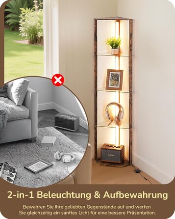 Стійка лампа EDISHINE з 4 полицями з дерева, LED диммер, 3 кольори світла, поворотний світловий маніпулятор, підсвічування полиць, регулювання яскравості, футовий вимикач, для вітальні (Вінтаж-коричневий+скло)