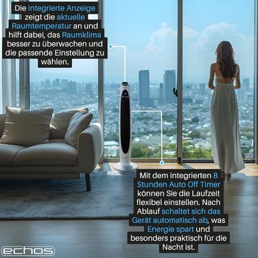 Вентилятор баштовий Echos з пультом, 3 режими, 60 Вт, таймер до 8 год, LED-підсвічування, 3 швидкості
