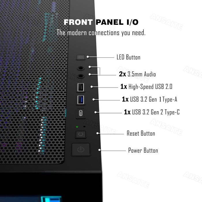 Ігровий корпус для ПК ANSAITE ATX Mid-Tower, 6 ARGB PWM вентиляторів, панорамне загартоване скло, USB Type-C, підтримка радіатора 360мм, чорний/фіолетовий