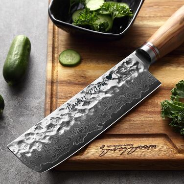 Японський ніж Zayiko Minami Premium з лезом 12 см з дамаської сталі 67 шарів з ручкою з оливкового дерева | Набір кухонних ножів для професіоналів | З гравіюванням