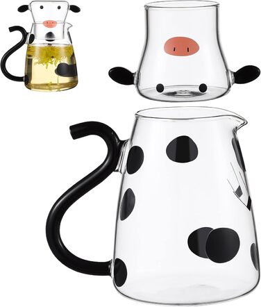Cabilock Carafe Set with Glasses, Cute Glass Water Jug, Cute Cow Cold Juice Jug 550ml Glass Jug with Lid for Fruit Juice, Iced Tea, Milk, Cold Water Bottle, Glass Water Jug, Black, White