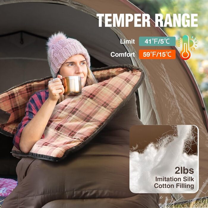 REDCAMP XL Cotton Sleeping Bag - Warm, Removable Hood, Flannel Comfort - 3-4 Season, Adult & Kids, Camping, Fishing, Outdoor - Blue/Brown (2lbs Fill)
