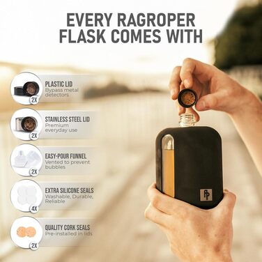 Скляна фляга для віскі та лікеру Ragproper для чоловіків, 240 мл та 100 мл, чорна з силіконовим чохлом та пробкою