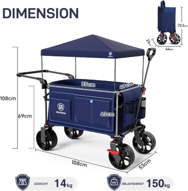 Візок-садок EVER ADVANCED XXL 225л (до 150кг) з гальмами, дахом, колесами 20x8см – для кемпінгу, пляжу, покупок, транспортування тварин (Синій, Великий)